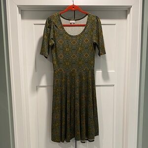 LuLaRoe Nicole - Green and Gold Patterned Midi Dress
